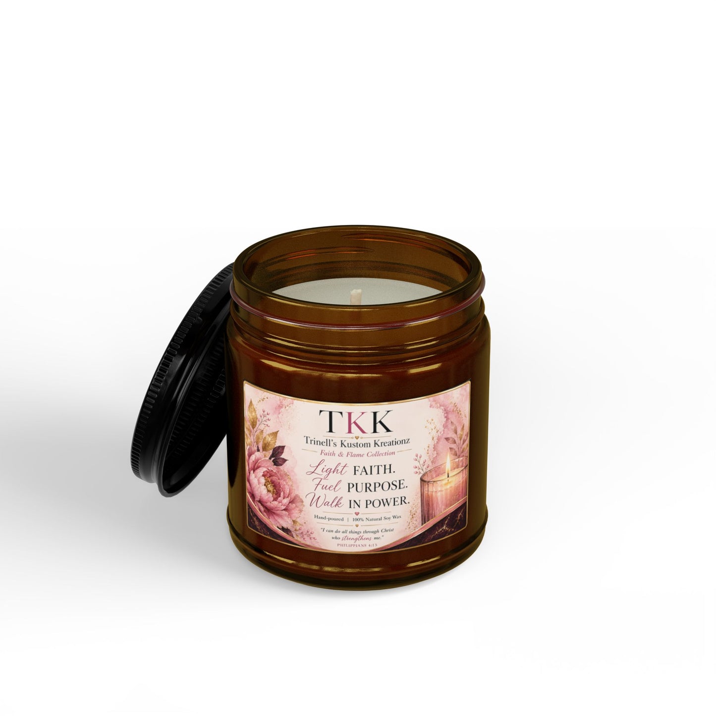 Soy Scented Candle – Floral Inspirational Candle- Faith & Flame Collection (4oz & 9oz, Black Lid)