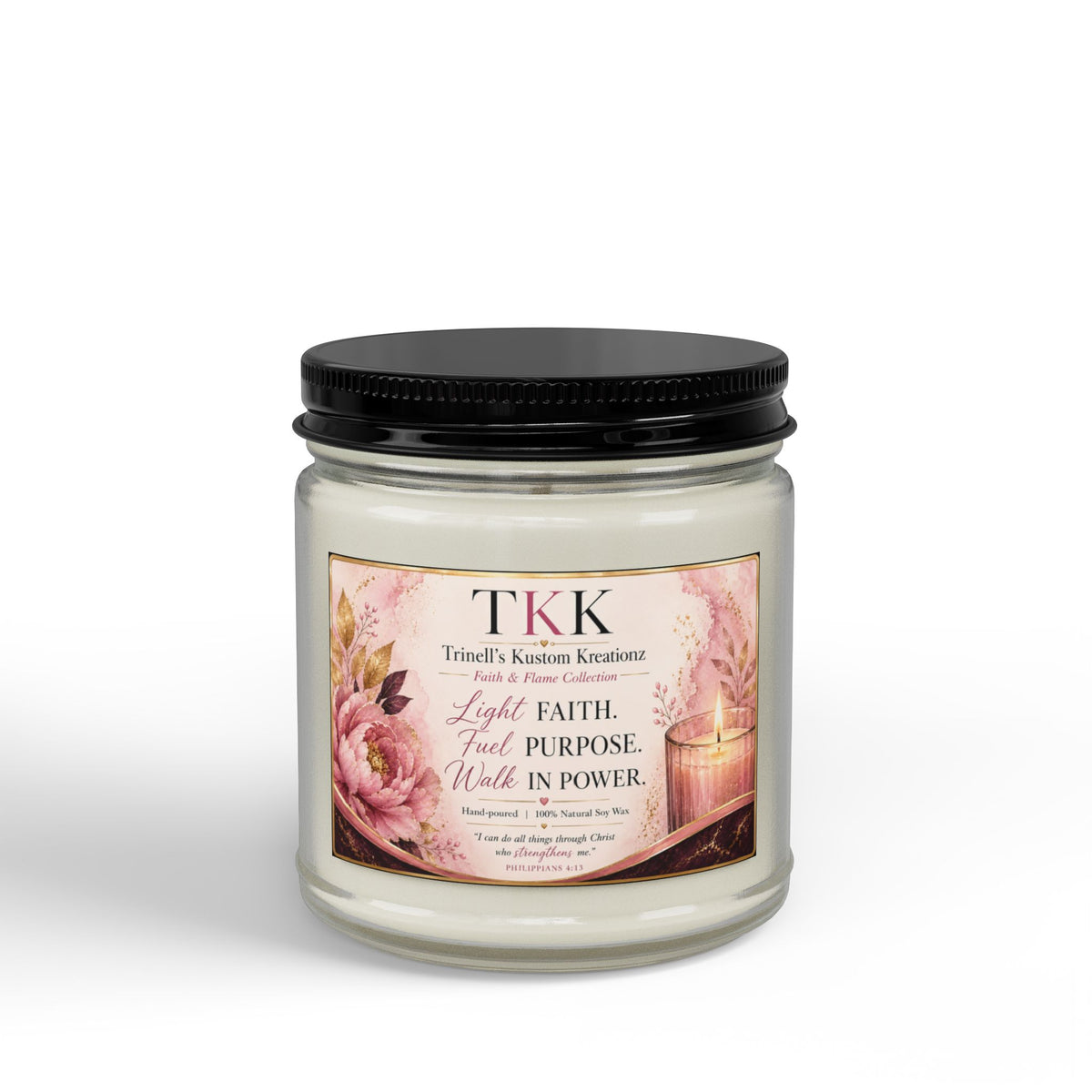 Soy Scented Candle – Floral Inspirational Candle- Faith & Flame Collection (4oz & 9oz, Black Lid)