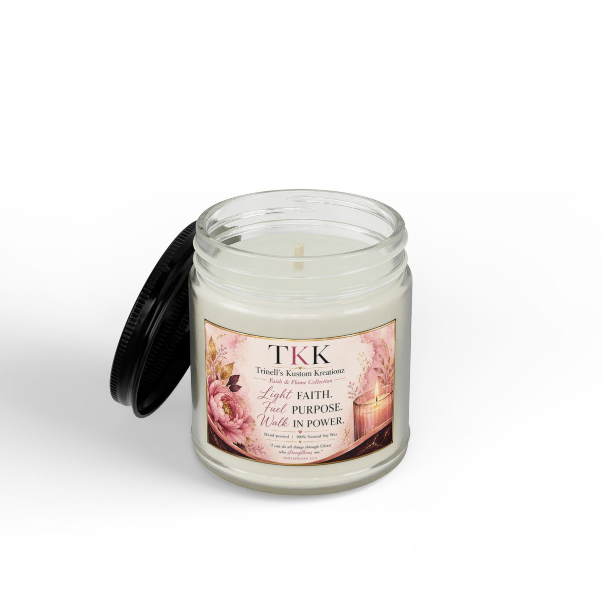 Soy Scented Candle – Floral Inspirational Candle- Faith & Flame Collection (4oz & 9oz, Black Lid)