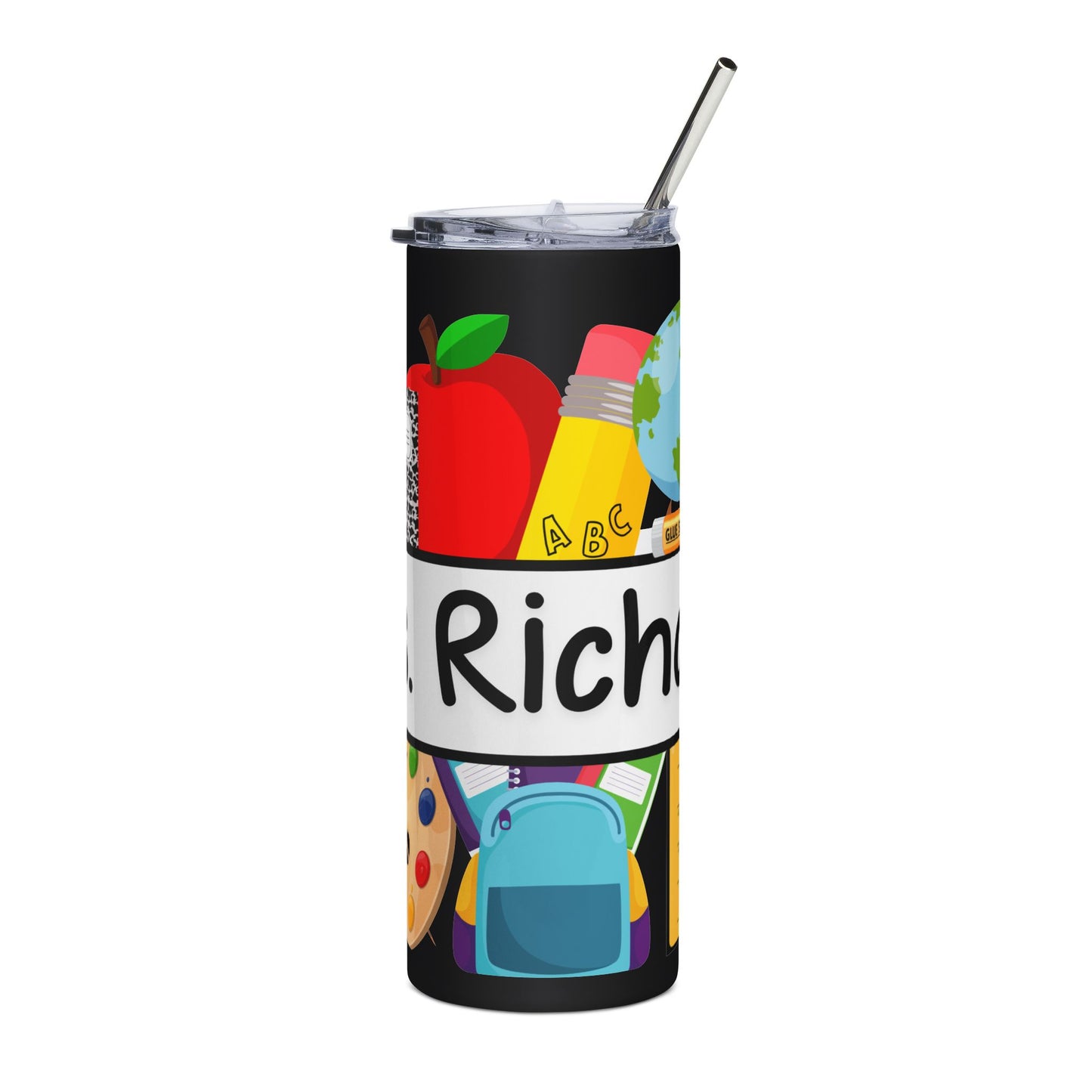 Teacher Appreciation Stainless Steel Tumbler - Personalized 20oz Tumbler (Apple, Pencil, Backpack Design)