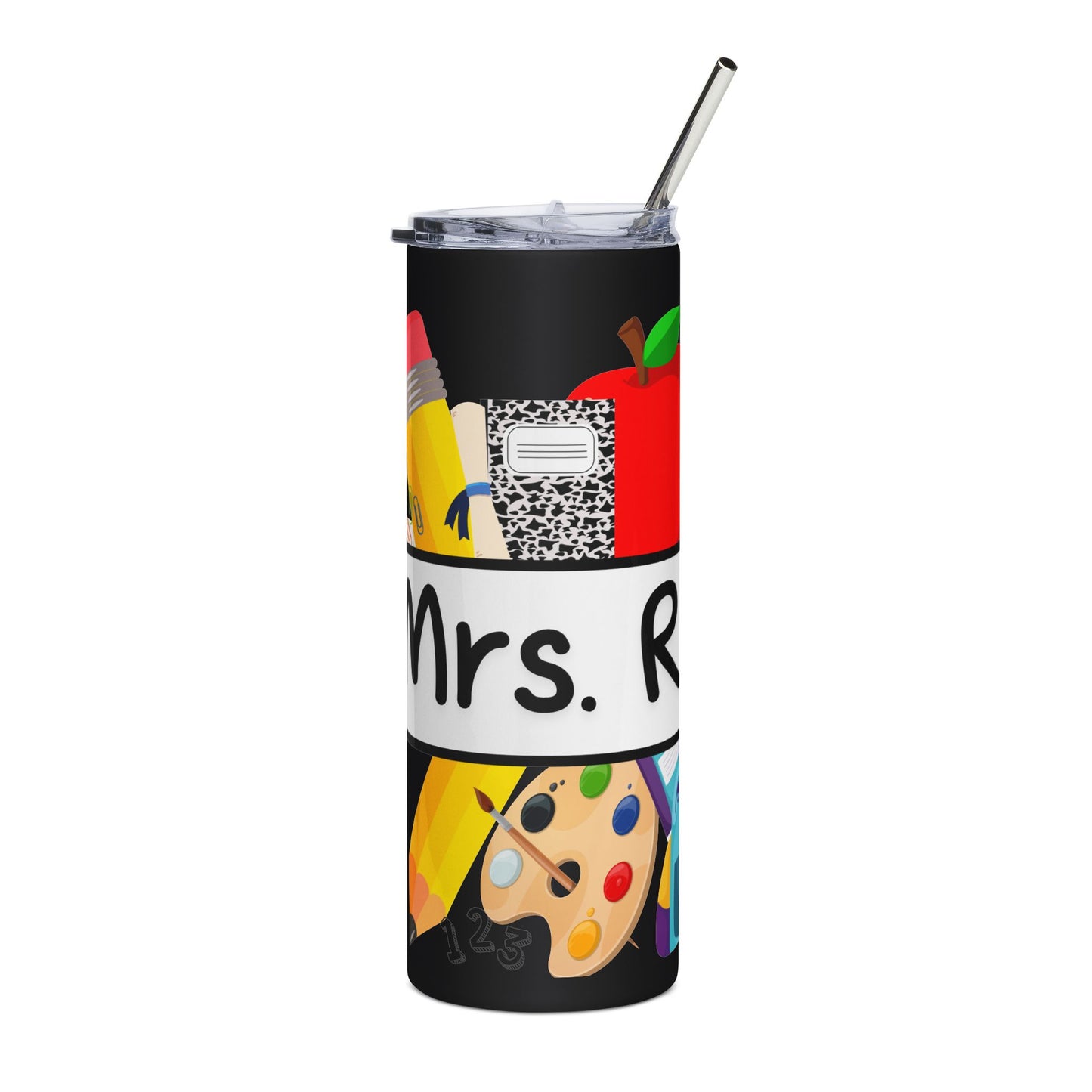 Teacher Appreciation Stainless Steel Tumbler - Personalized 20oz Tumbler (Apple, Pencil, Backpack Design)