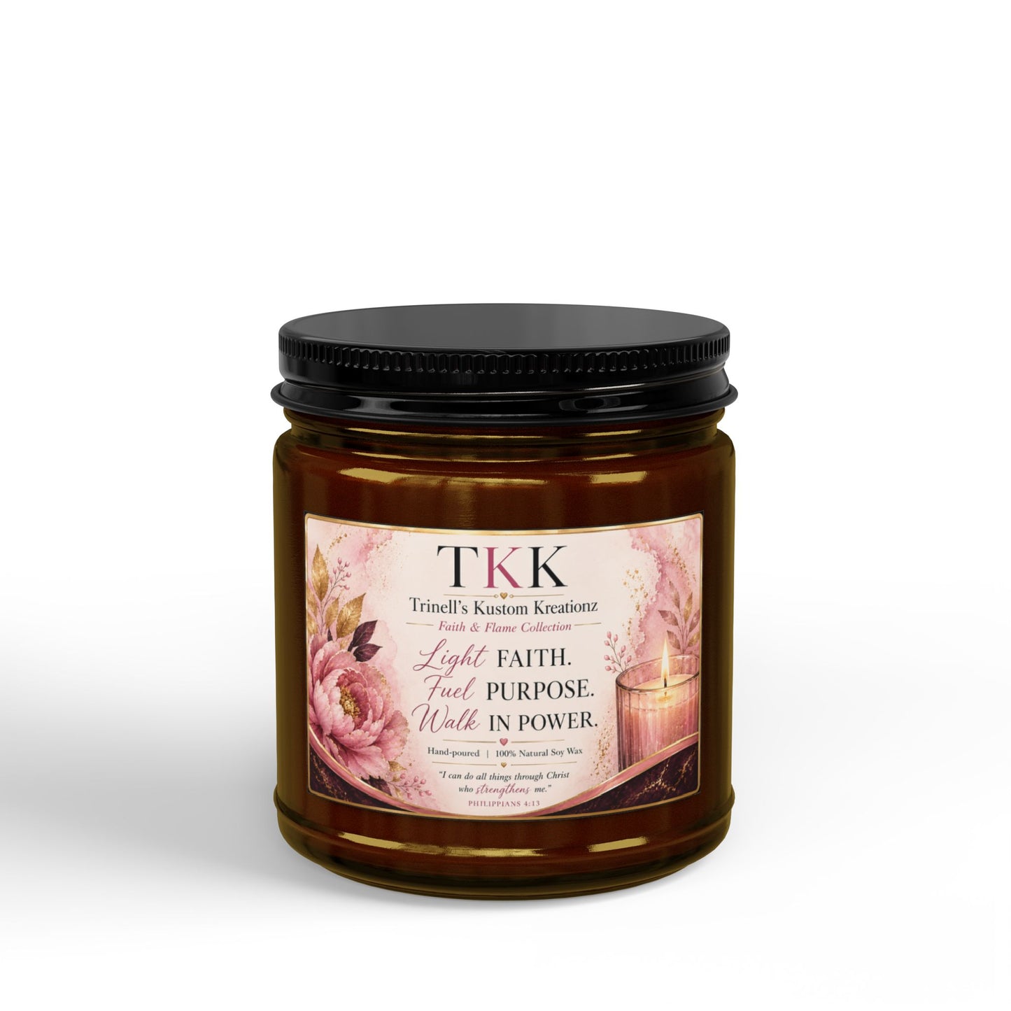 Soy Scented Candle – Floral Inspirational Candle- Faith & Flame Collection (4oz & 9oz, Black Lid)