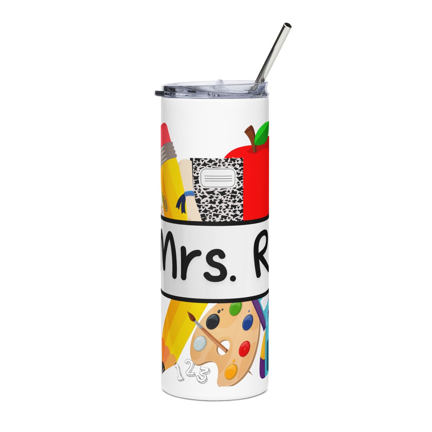 Teacher Appreciation Stainless Steel Tumbler - Personalized 20oz Tumbler (Apple, Pencil, Backpack Design)