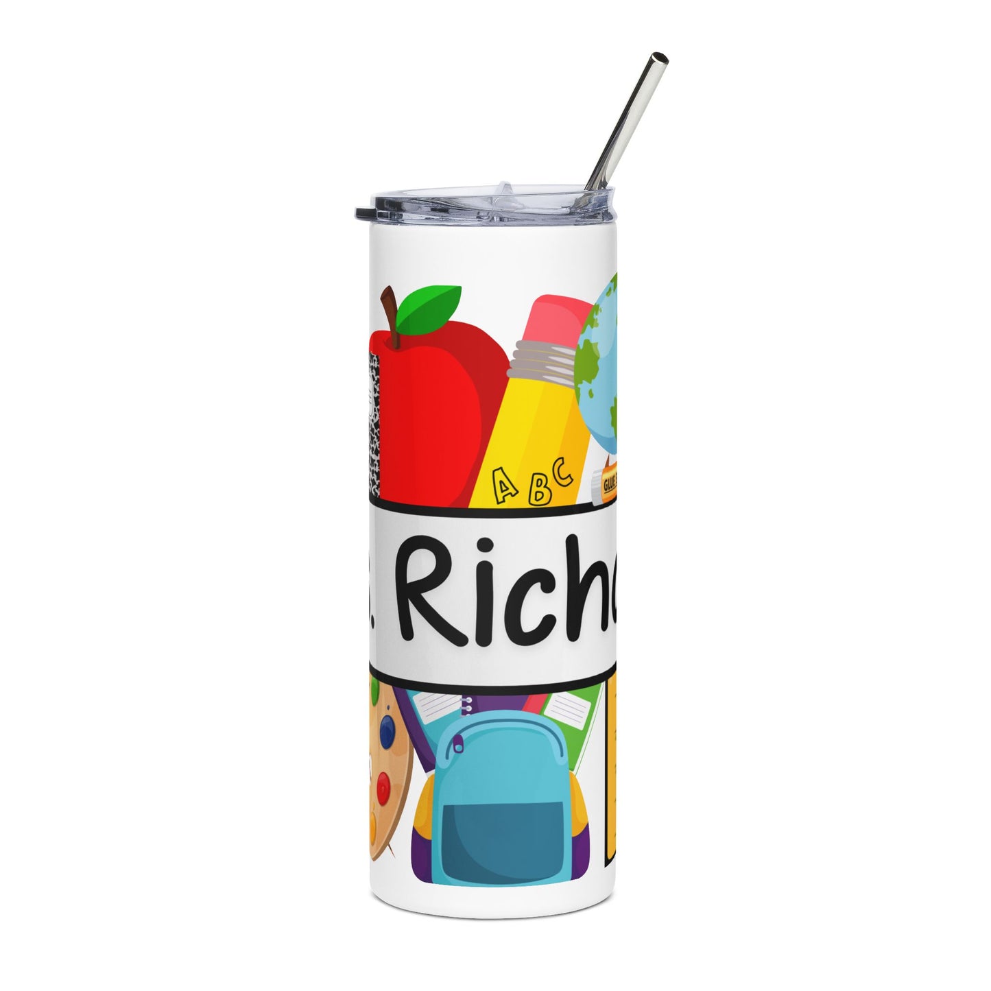 Teacher Appreciation Stainless Steel Tumbler - Personalized 20oz Tumbler (Apple, Pencil, Backpack Design)